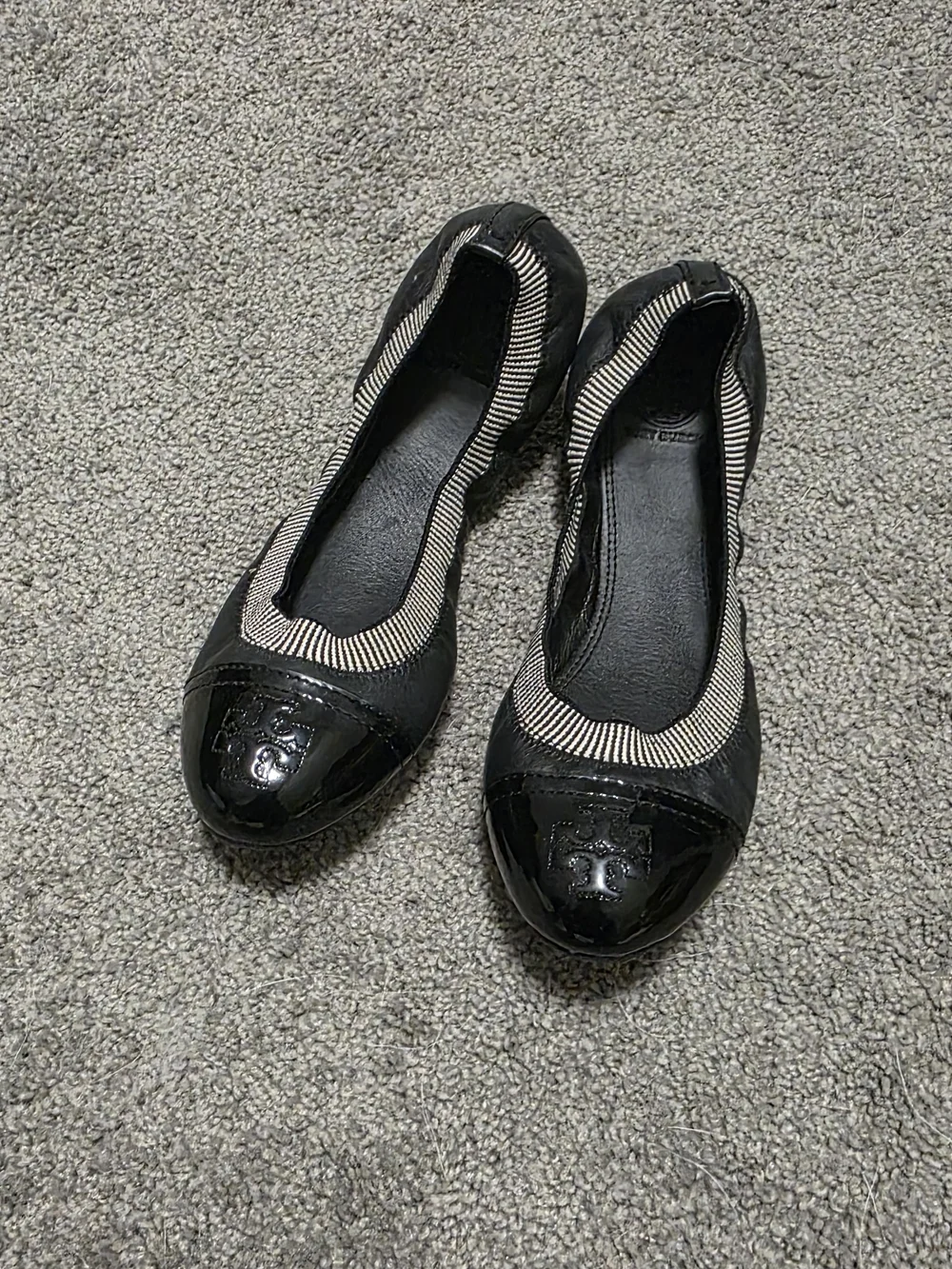 Tory Burch Black Patent and Striped Trim Women's Ballet Flats 9